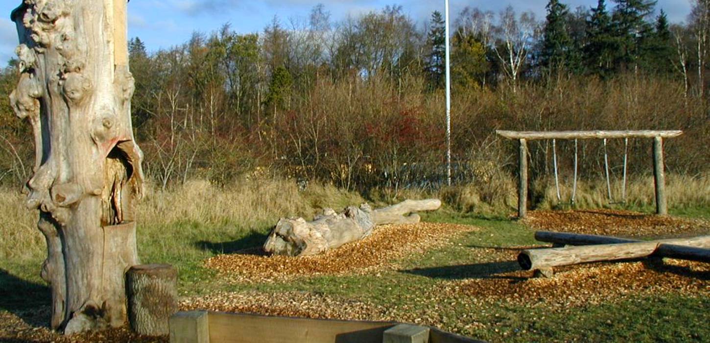 Naturlegeplads med træstammer og gynger
