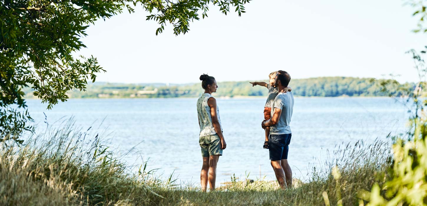 Familie står i skygge under et træ langs vandkanten og peger ud over havet.