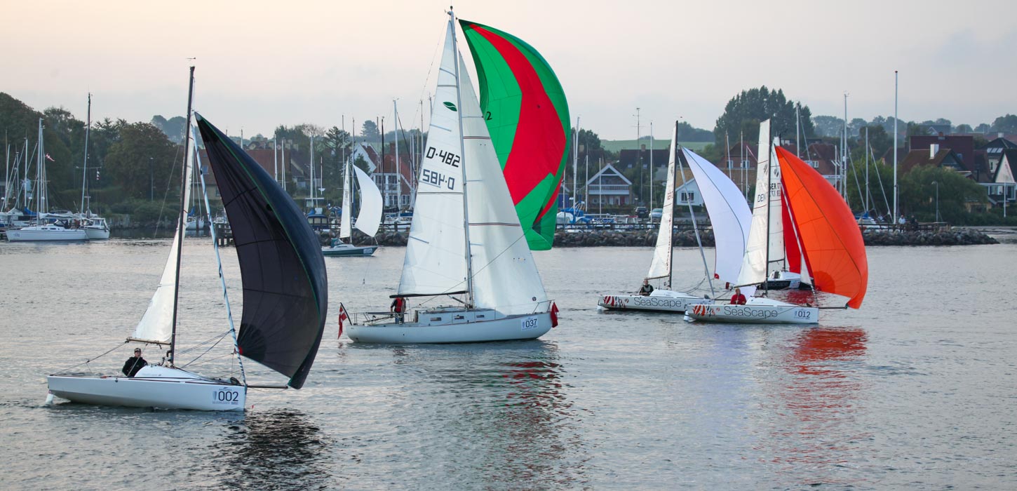 En flok både kommer sejlende til en sejlsportevent.
