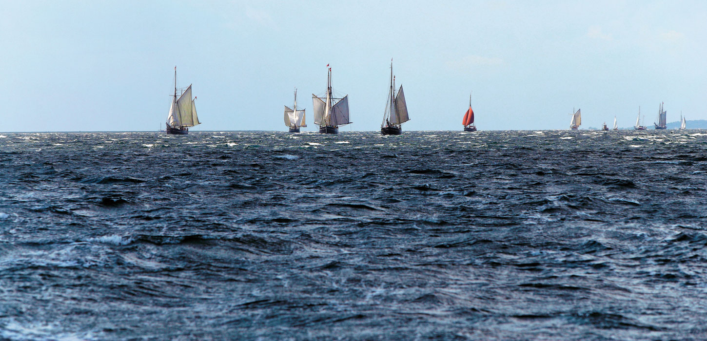 En masse skibe kommer sejlende over et stort, mørkeblåt hav under en lyseblå himmel.