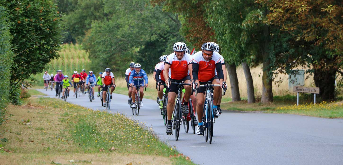 En flok motionscykelryttere på veje omgivet af grønne træer og marker.