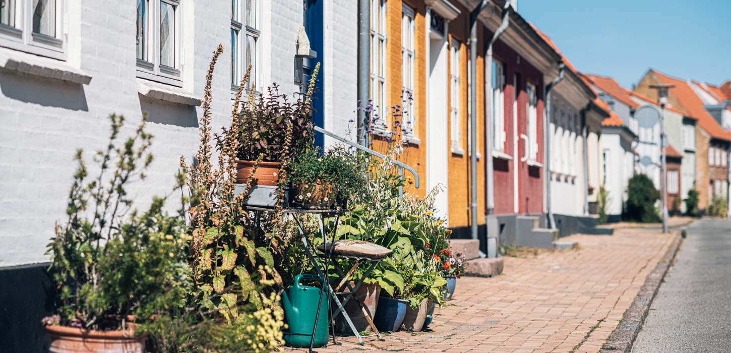 Billedet viser venstre side af en gade. Langs gaden er et rødt brostensfortov og en masse små farvede huse. Ved det forreste hus står der en masse planter i små krukker og på små borde.