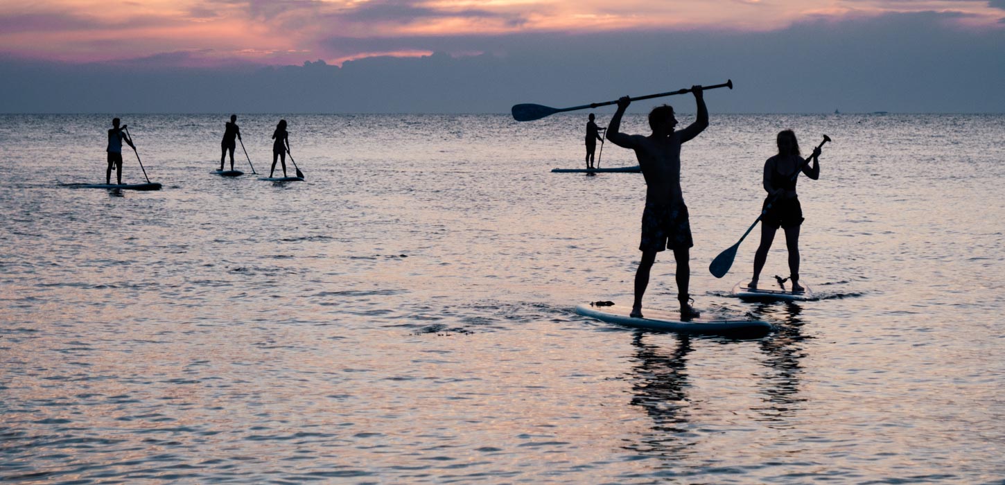En flok mennesker på stand up paddle boards ved solnedgang