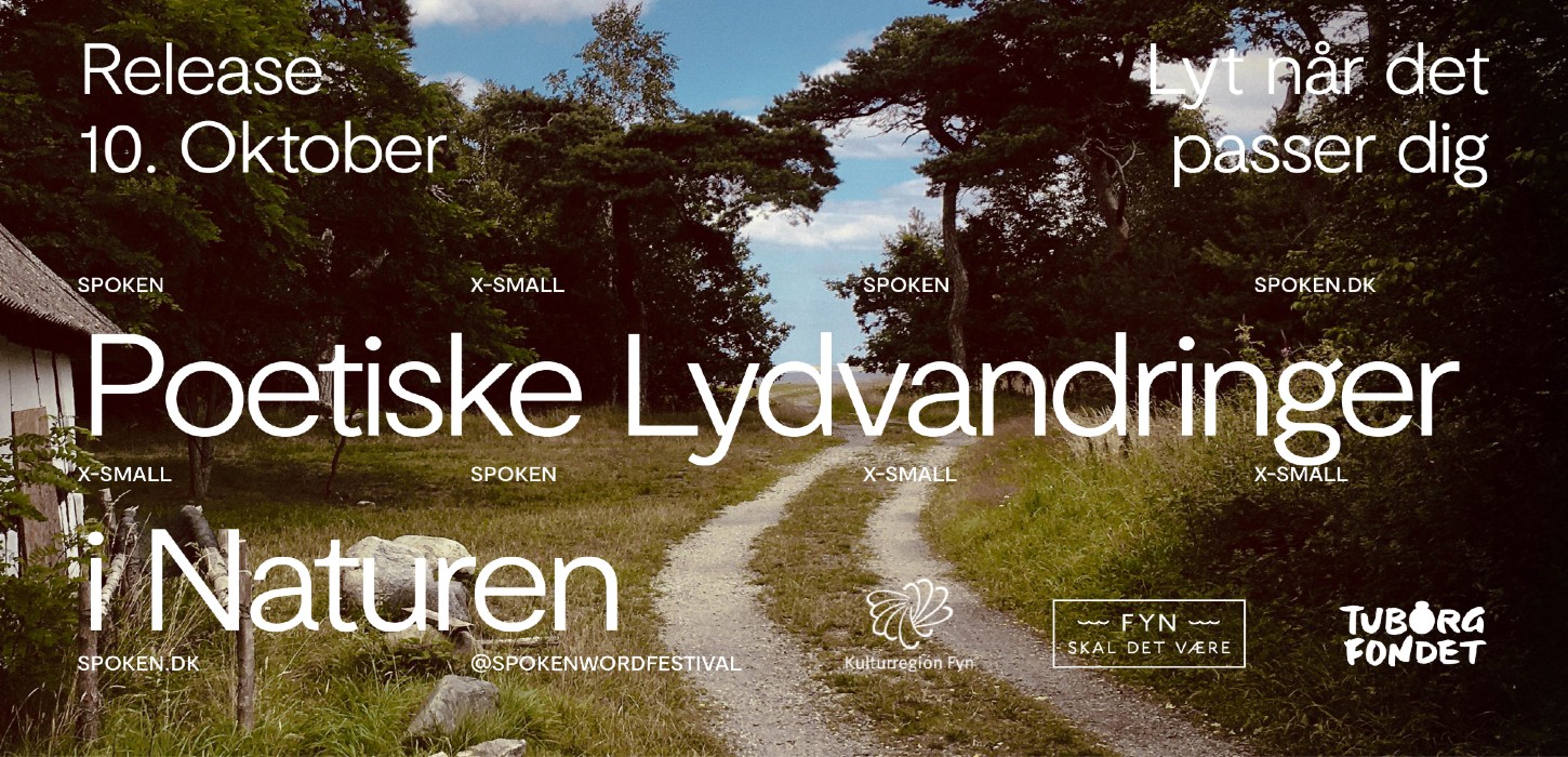 Grafik med 'Poetiske Lydvandringer i Naturen'. Bagved er der vist et billede af en vandrerute i naturen.