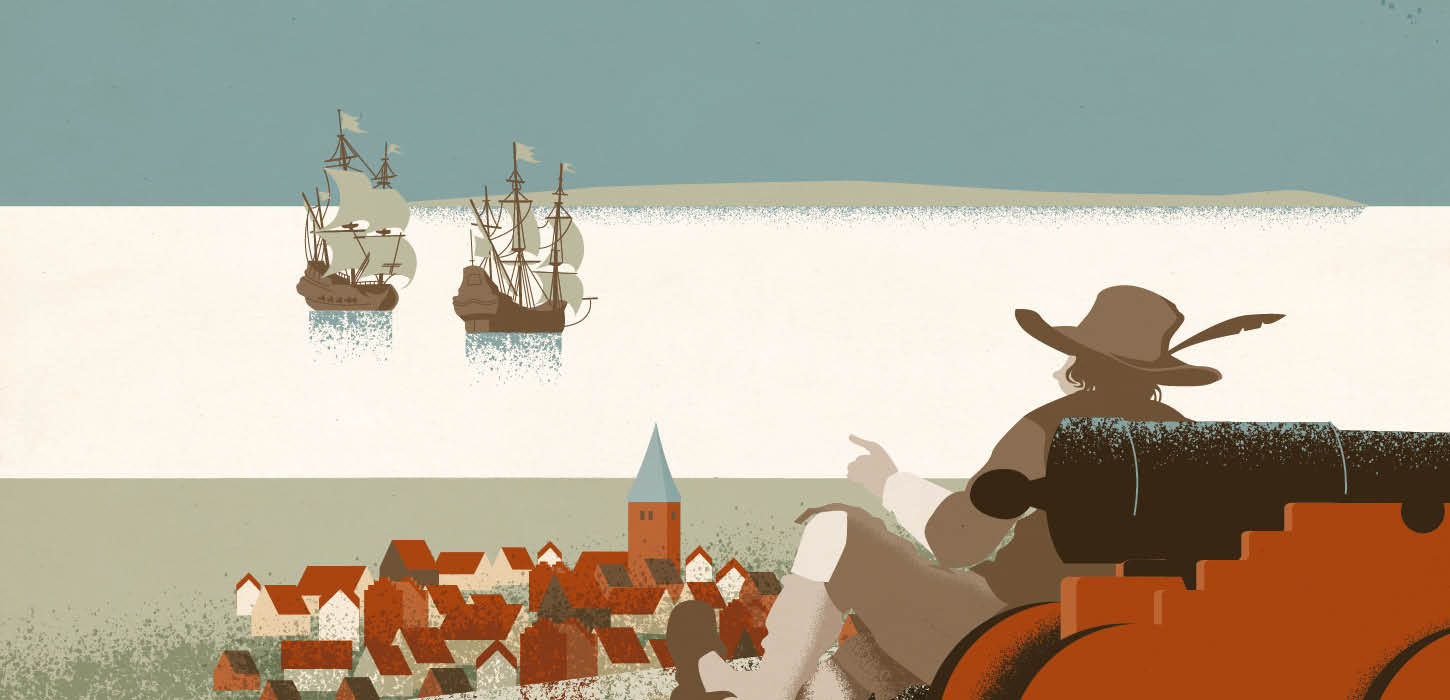 Grafik fra Podwalken "Nyborgs Skjulte Fortællinger". Mand kigger udover Nyborg by og havn. 