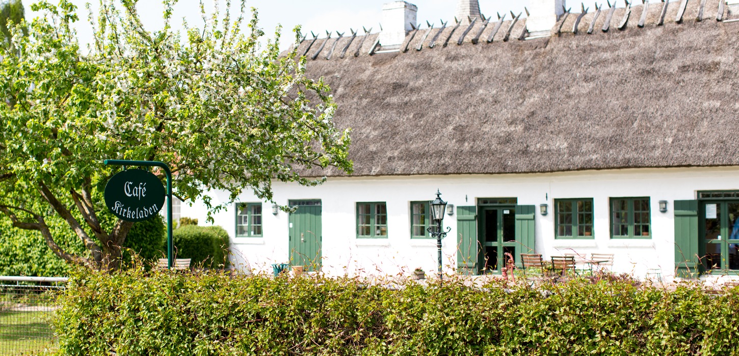 Hvid, kalkmalet gård med stråtag og grønne døre og vinduer omgivet af grøn hæk og et stort grønt træ i forgrunden.