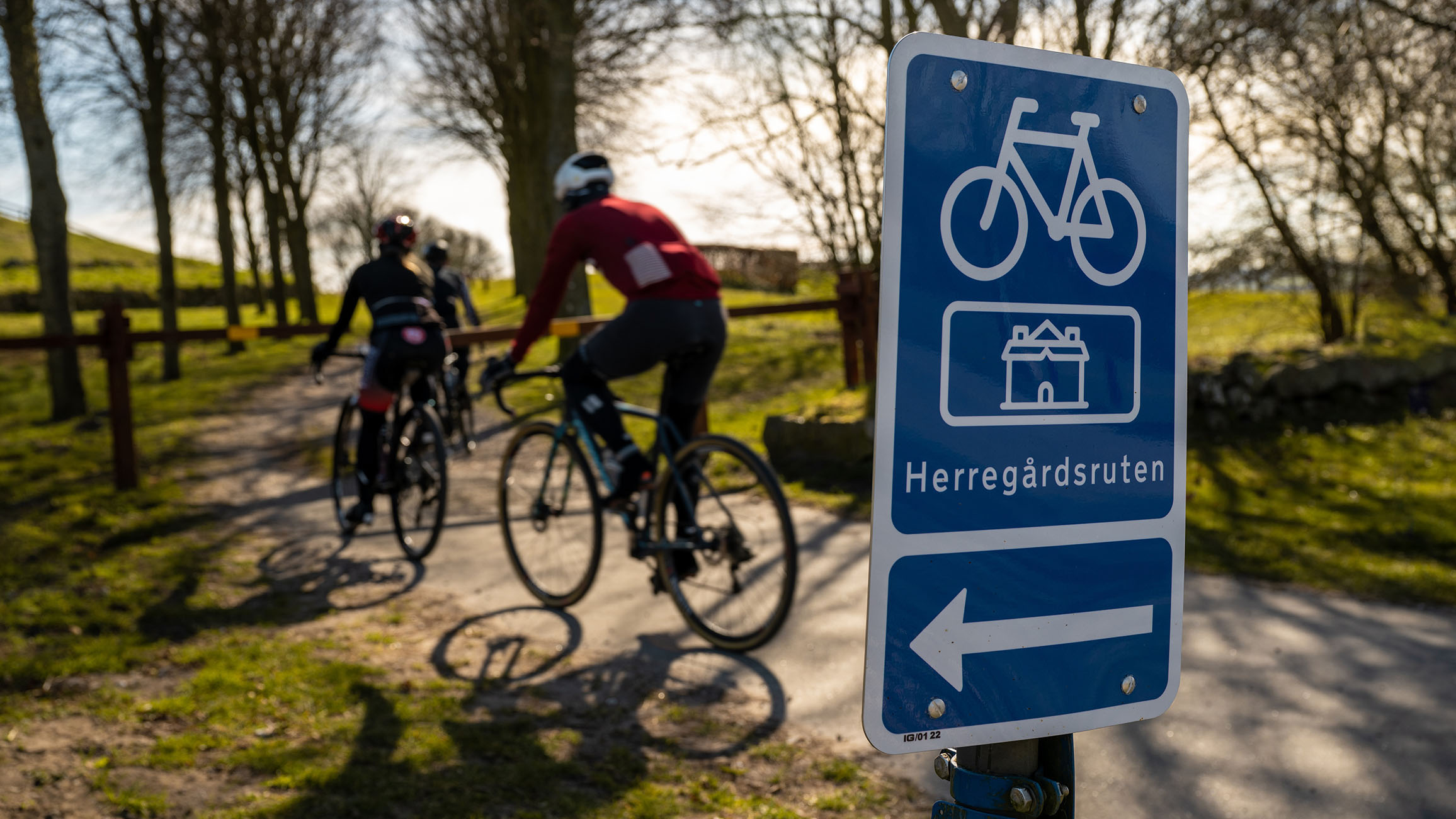 i forgrunden er et blåt skilt med en cykel, pil til venstre og tekst hvor der står Herregårdsruten. I baggrunden tre personer på racercykel ned af en sti der går mellem træer. 