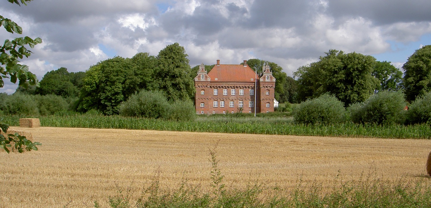 Åben mark med grønne omgivelser og et rødt gods i midten.