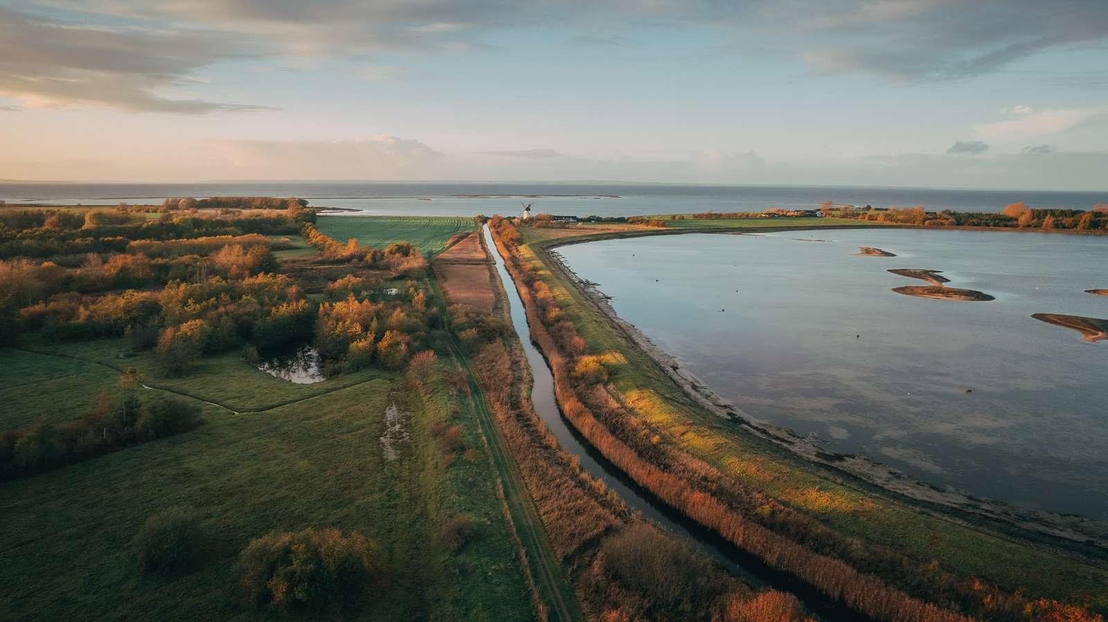 Luftfoto af strand og vådområde og træer i efterårsfarver.