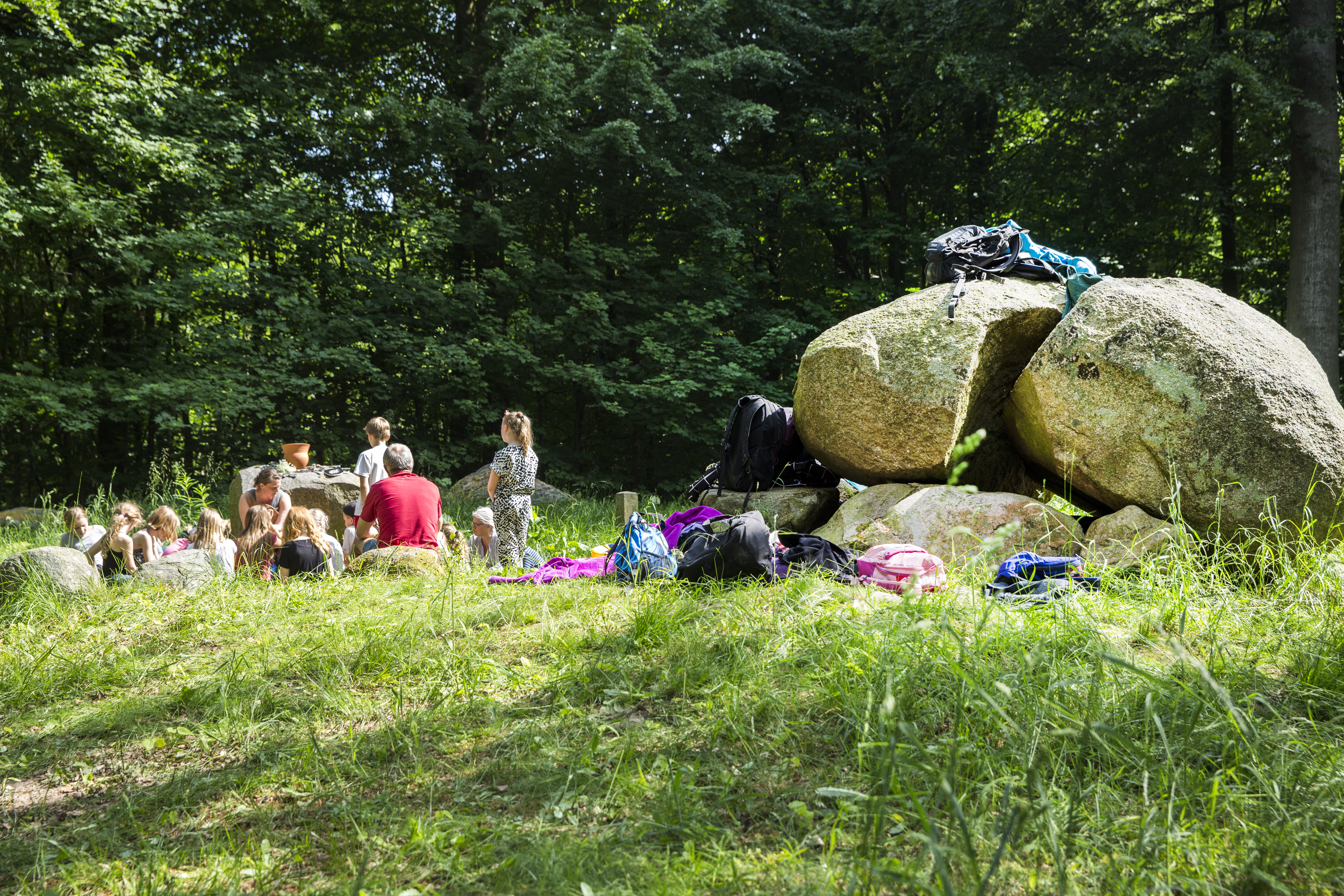 En samling af to voksne og børn i et grønt område med græs og træer og en stor samling større sten. 