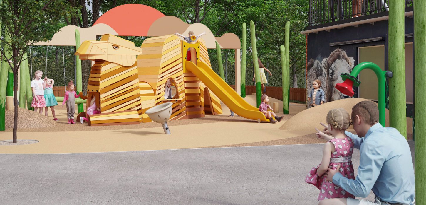 En far og datter ses med ryggen til, mens de peger på en legeplads, som er en konstruktion der forestiller en kamel. 