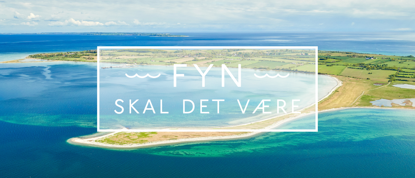 Blåt hav, grøn ø og sandstrand set oppefra. Og teksten Fyn skal det være