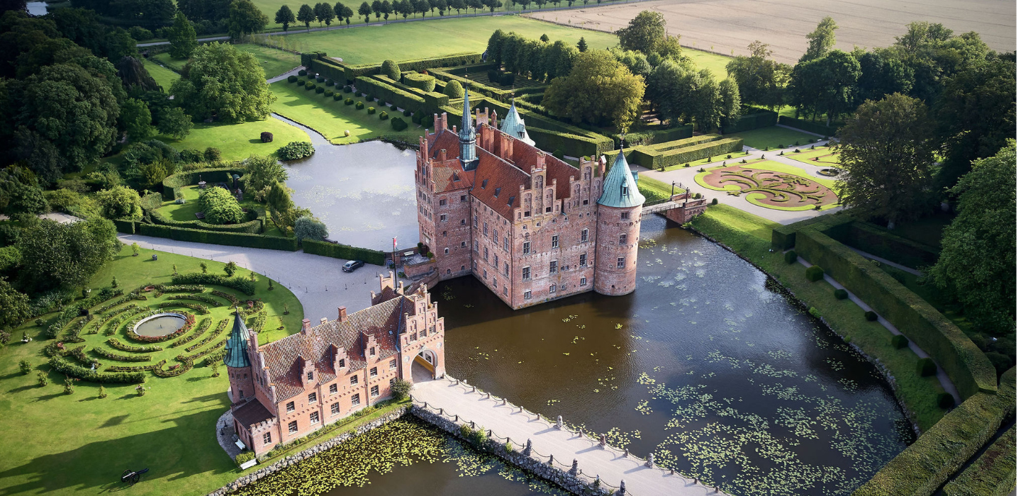 Luftfoto af et slot og en dam omgivet af en grøn mark.