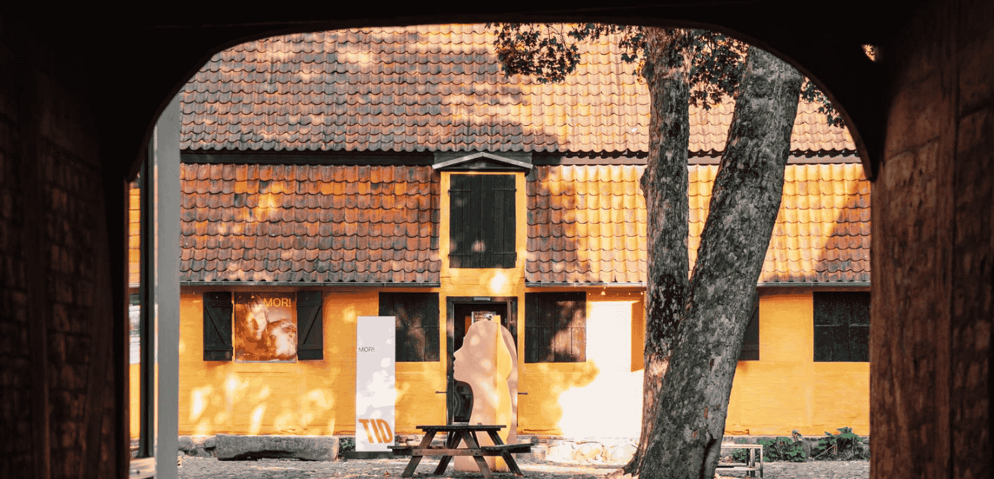 En gul gårdhave med bænk og et træ 