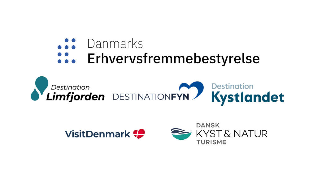 Logoer med alle dem som projektet er støttet af: Danmarks Erhvervsfremmebestyrelse, Destination Limfjorden. Destination Fyn, Destination Kystlandet, VisitDenmark og Dansk Kyst og Natur Turisme