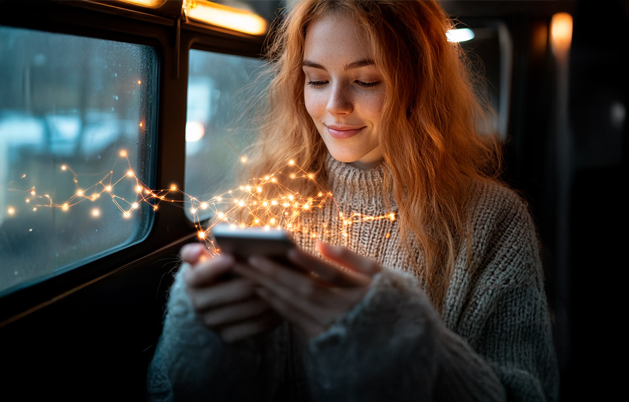 Kvinde kigger ned på lysende skærm, som hun holder i hænderne