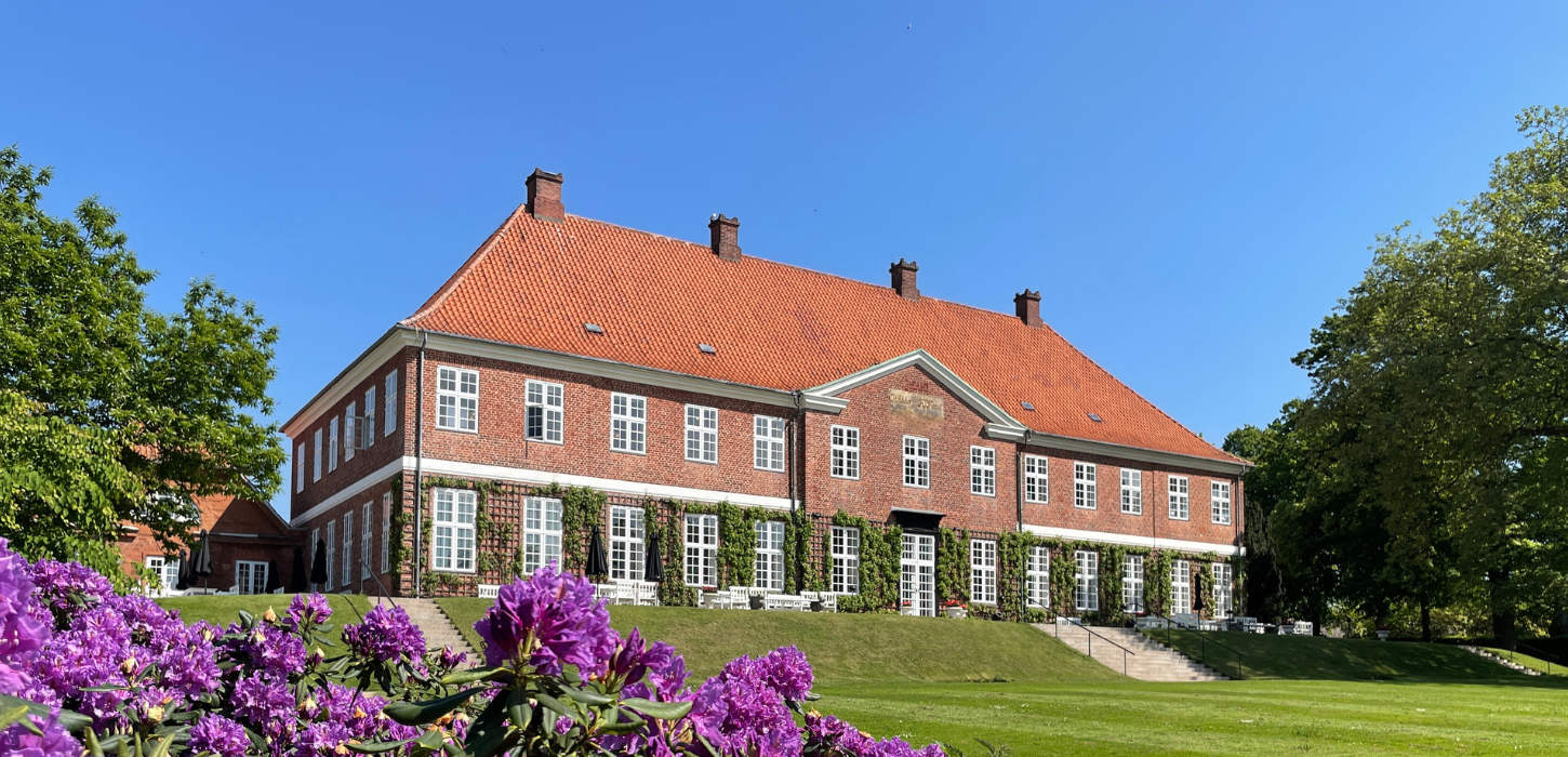 Hindsgavl Slot med lilla rododendron i forgrunden