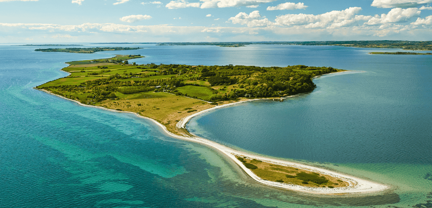 Dronefoto af Avernakø i skarpe, grønne farver med dybblåt vand hele vejen rundt om og horisonten i baggrunden. 