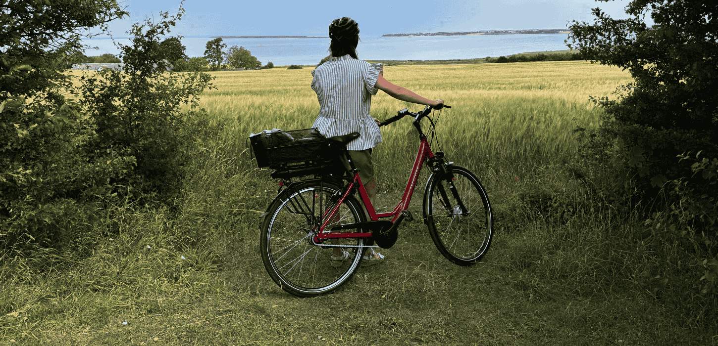 A cyclist stands next to a bicycle, gazing over a field with the sea on the horizon.