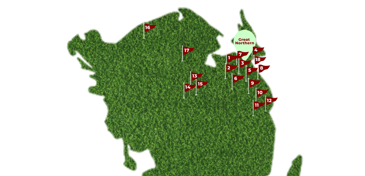 Et kort af Fyn med 18 nummererede golfflag placeret på det nordlige af Fyn