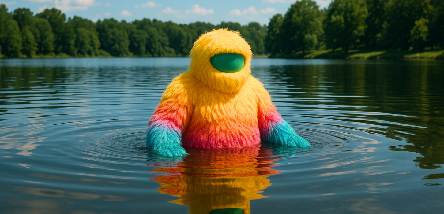 AI-genereret billeder af stort, farverigt pelset væsen i sø