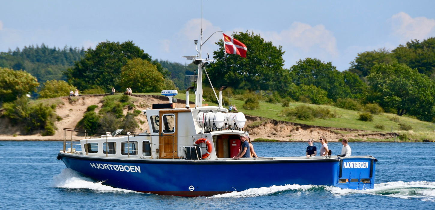 En blå mindre færge sejler forbi en skrænt med græs. 